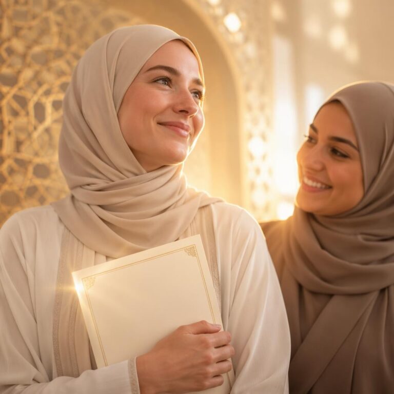 Two Muslim women wearing neutral-toned hijabs stand in warm, golden light inside an Islamic architectural setting. The woman in the foreground, dressed in a cream abaya and hijab, holds a large cream-colored certificate-style book with gold corner details close to her chest and looks upward with a peaceful smile. Behind her, another woman in a taupe hijab smiles joyfully toward her. A decorative arched window with a geometric lattice pattern is softly blurred in the background, creating a serene, celebratory atmosphere that reflects a meaningful spiritual milestone.