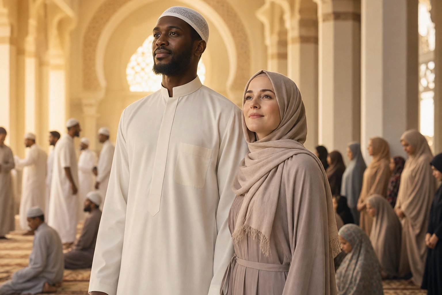 A Black Muslim man in a white thobe and kufi stands beside a fair-skinned Muslim woman wearing a soft mauve hijab and matching dress inside a bright mosque. Both look calmly off-camera with peaceful expressions. Behind them, a diverse group of men, women, and children in various hijabs and traditional clothing gather, some standing and some seated on a patterned carpet. Light streams through an arched geometric screen in the background, creating a serene, spiritual atmosphere that suggests the joy and contentment of embracing Islam and affirming the Shahadah.